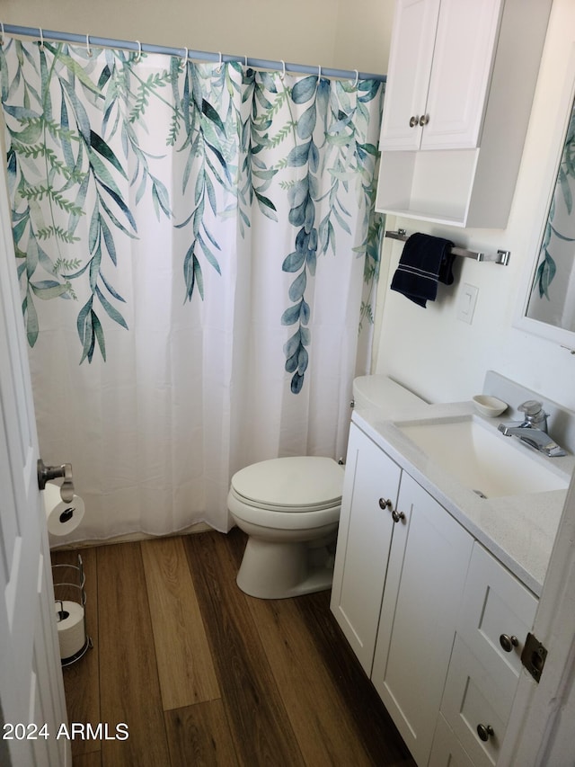 bathroom with wood-type flooring, toilet, a shower with shower curtain, and vanity