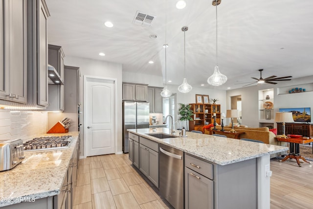 19045 N 269th Dr, Buckeye, AZ 85396 - kitchen featuring stainless steel appliances, gray cabinets, a sink, recessed lighting, and ceiling fan