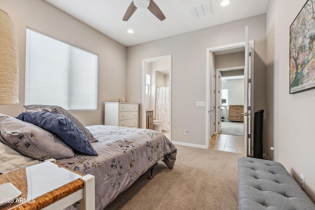 19045 N 269th Dr, Buckeye, AZ 85396 - bedroom with carpet flooring, tile patterned flooring, recessed lighting, ensuite bathroom, and a ceiling fan