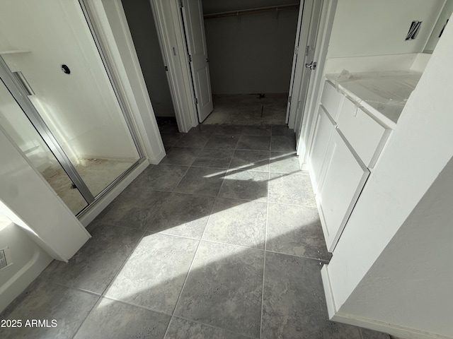 bathroom featuring vanity, a shower stall, and a spacious closet