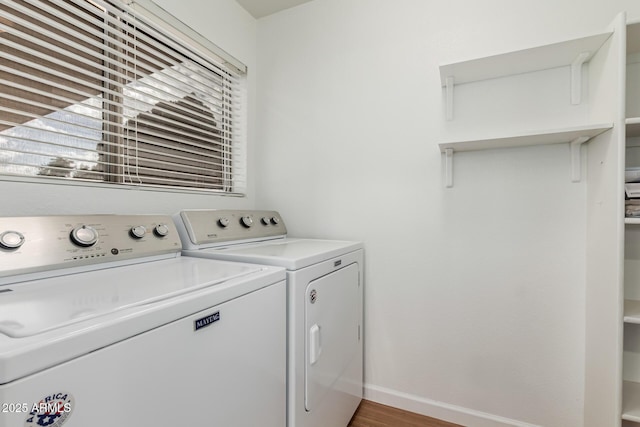 clothes washing area featuring dark hardwood / wood-style floors and washing machine and clothes dryer