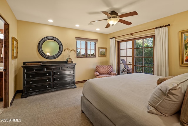 bedroom featuring light carpet and ceiling fan