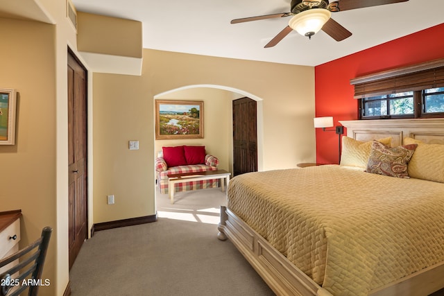 bedroom featuring carpet flooring and ceiling fan