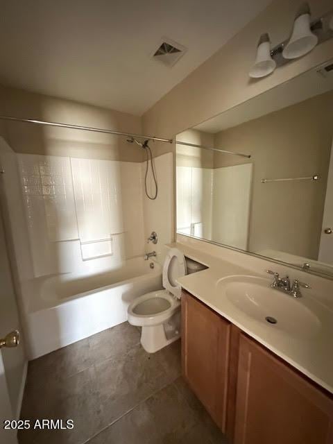 bathroom with toilet, shower / bath combination, vanity, and visible vents