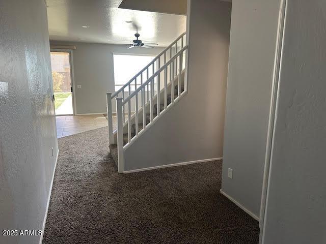 staircase with carpet, baseboards, ceiling fan, and a textured wall