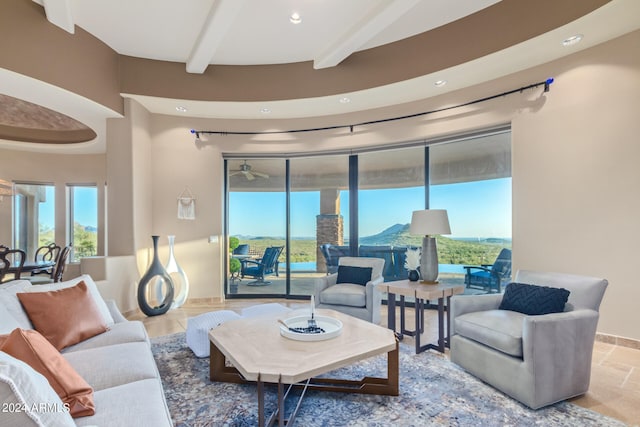 living room featuring ceiling fan