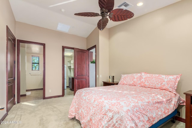 bedroom featuring light carpet, a closet, and ceiling fan