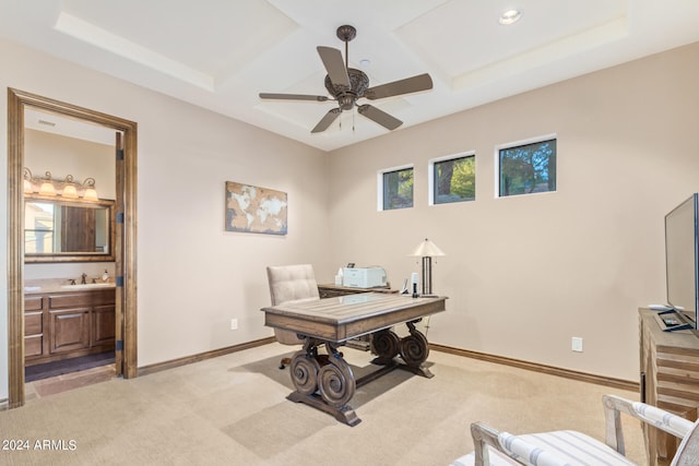 carpeted office space with ceiling fan, sink, and a tray ceiling