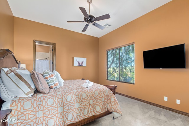 bedroom featuring light carpet and ceiling fan