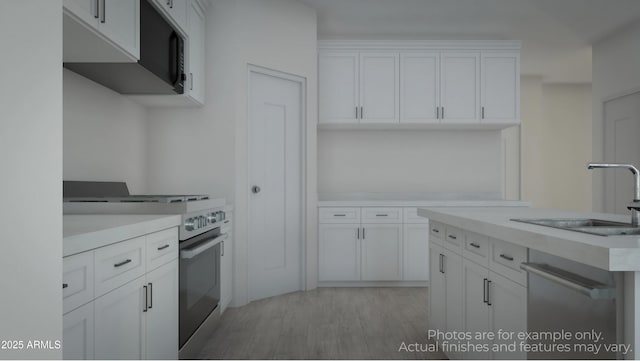 kitchen with electric stove, light hardwood / wood-style floors, sink, and white cabinets