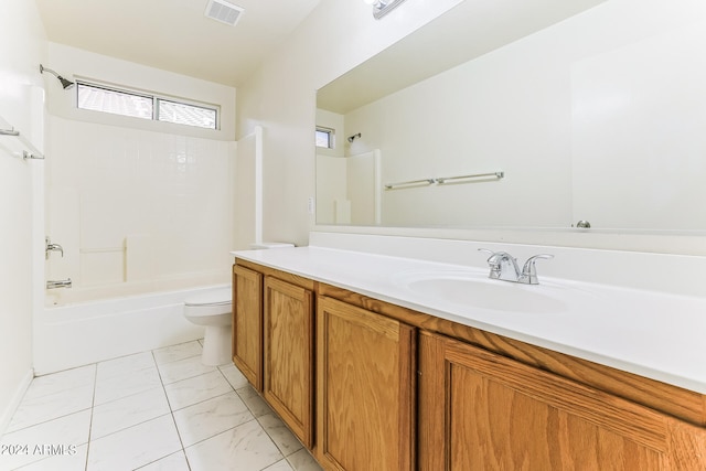 full bathroom with vanity, shower / bathing tub combination, and toilet