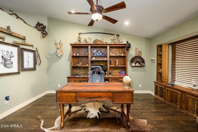 5701 N 105th Ln, Glendale, AZ 85307 - office area with dark wood-style floors, a ceiling fan, baseboards, recessed lighting, and vaulted ceiling