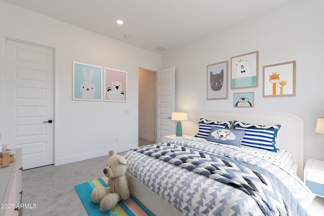 bedroom with baseboards, carpet flooring, and recessed lighting