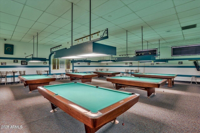 rec room featuring carpet floors, pool table, and a paneled ceiling