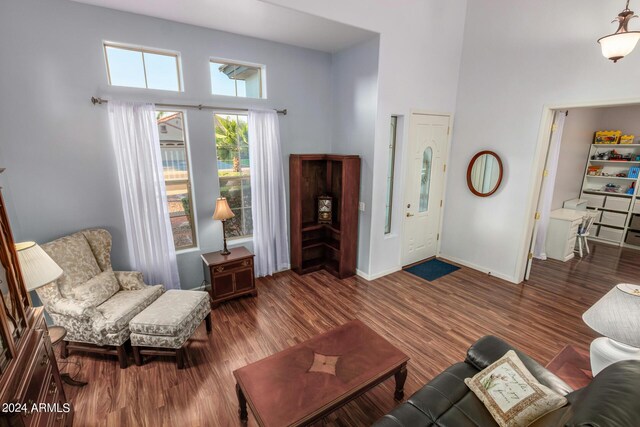 2977 E County Down Dr, Chandler, AZ 85249 - living area with baseboards, a high ceiling, and wood finished floors