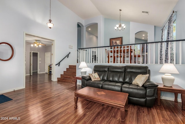 2977 E County Down Dr, Chandler, AZ 85249 - living area featuring wood finished floors, ceiling fan with notable chandelier, visible vents, and high vaulted ceiling