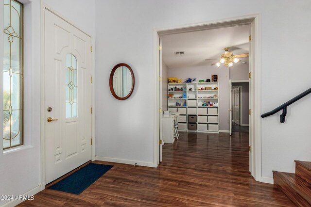 2977 E County Down Dr, Chandler, AZ 85249 - entryway featuring stairs, baseboards, a ceiling fan, and wood finished floors