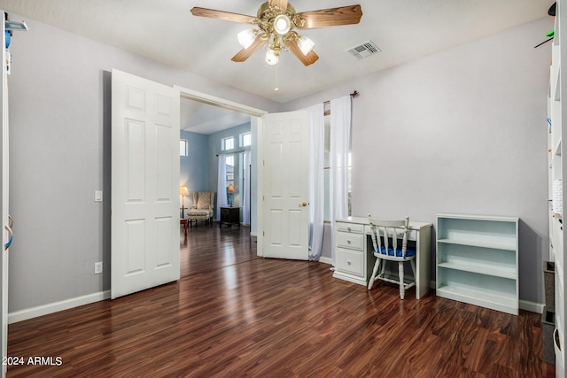 2977 E County Down Dr, Chandler, AZ 85249 - bedroom with ceiling fan, visible vents, baseboards, and dark wood-style floors