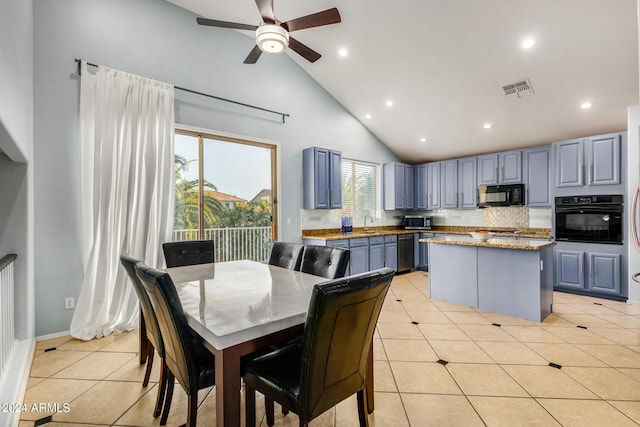 2977 E County Down Dr, Chandler, AZ 85249 - kitchen with visible vents, a ceiling fan, black appliances, backsplash, and high vaulted ceiling