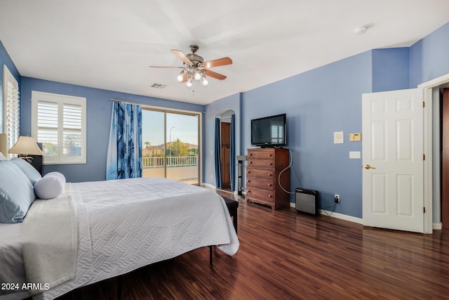2977 E County Down Dr, Chandler, AZ 85249 - bedroom with visible vents, baseboards, arched walkways, ceiling fan, and wood finished floors