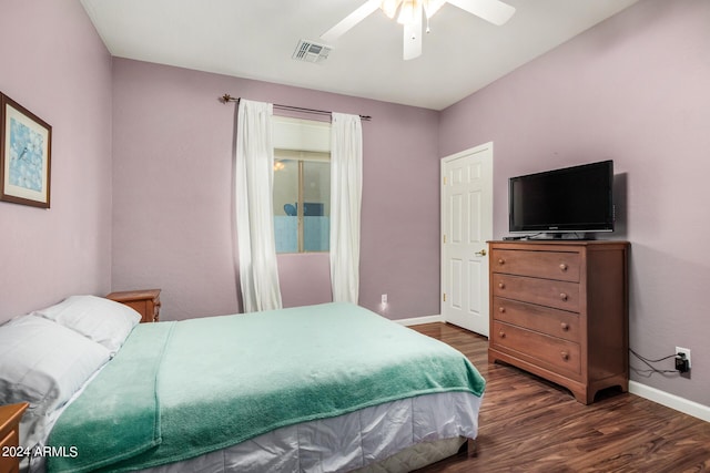 2977 E County Down Dr, Chandler, AZ 85249 - bedroom featuring dark wood-type flooring, visible vents, baseboards, and ceiling fan