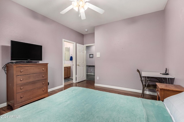 2977 E County Down Dr, Chandler, AZ 85249 - bedroom featuring ensuite bath, baseboards, a ceiling fan, and dark wood finished floors