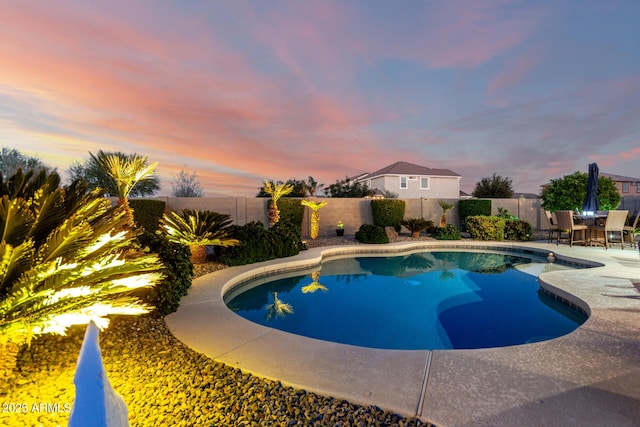 view of pool with a patio area, a fenced backyard, and outdoor dining area