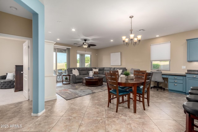 dining space with an office area, a chandelier, recessed lighting, ceiling fan, and light tile patterned floors
