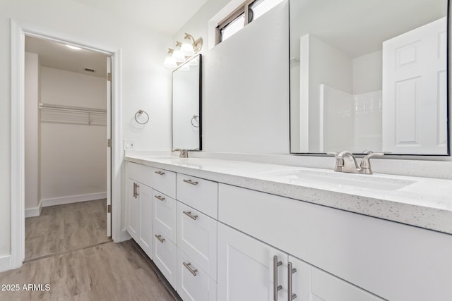 bathroom featuring hardwood / wood-style flooring and vanity