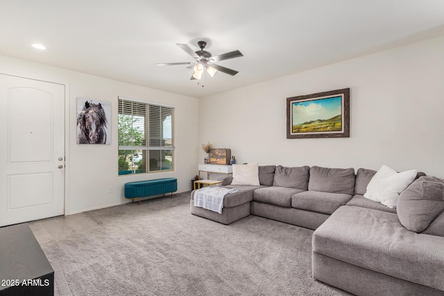 17573 W Via De Luna Dr, Surprise, AZ 85387 - carpeted living room featuring ceiling fan, recessed lighting, and baseboards