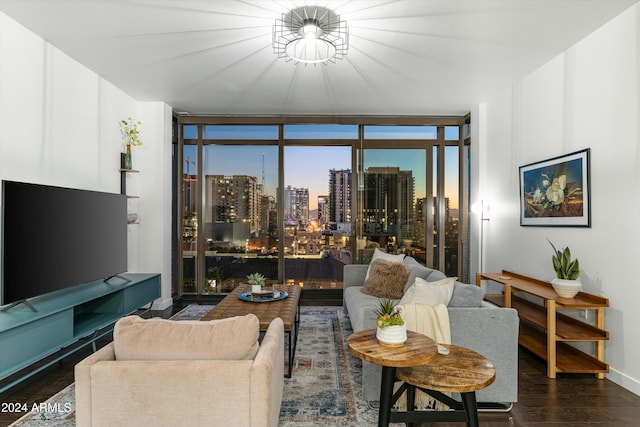 living room featuring dark hardwood / wood-style floors and expansive windows