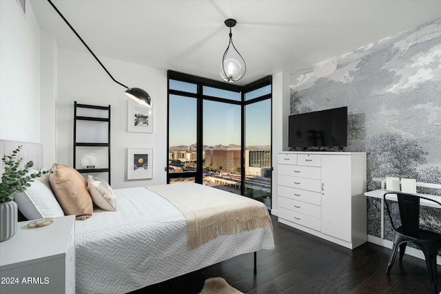 bedroom featuring floor to ceiling windows and dark wood-type flooring