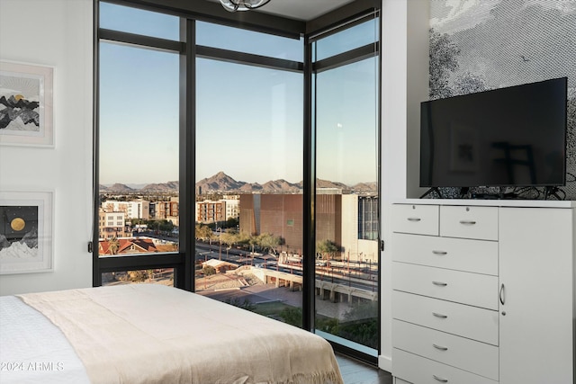 bedroom with hardwood / wood-style floors and expansive windows