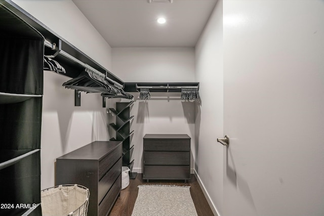 spacious closet with dark hardwood / wood-style flooring