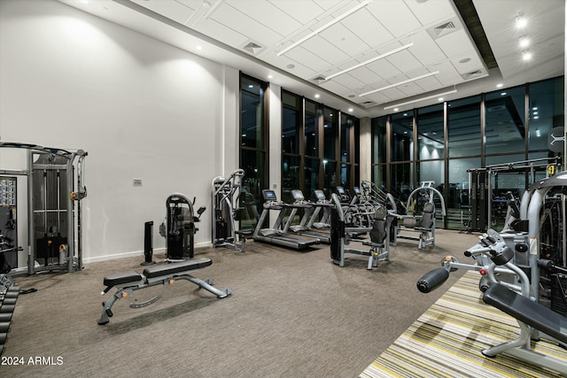 gym with carpet flooring and a towering ceiling