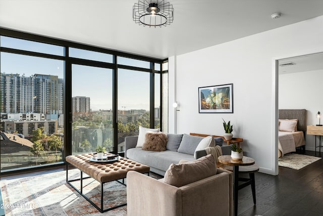 living room featuring a wall of windows, dark wood-type flooring, and a wealth of natural light