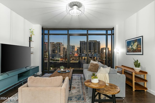 living room featuring expansive windows and dark wood-type flooring