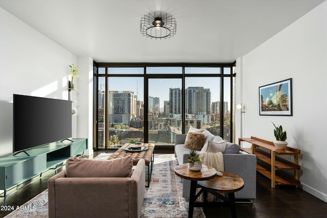 living room featuring a wall of windows, dark wood-type flooring, and a wealth of natural light