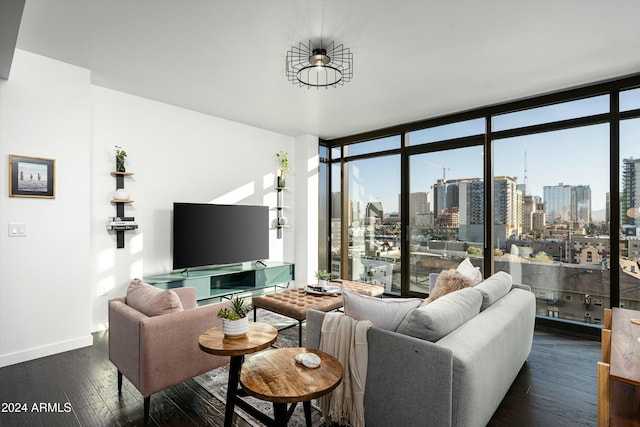 living room featuring dark wood-type flooring