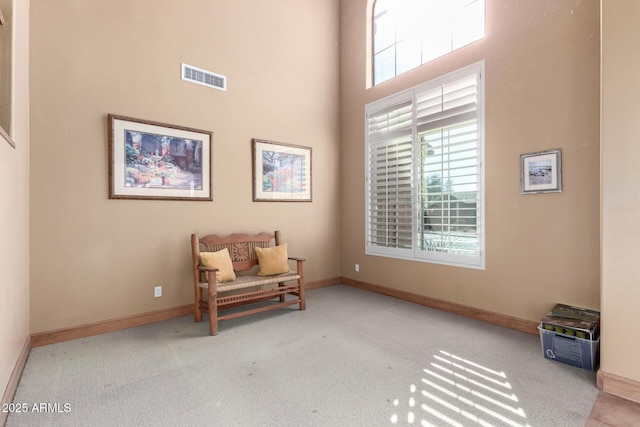 sitting room with light colored carpet and a high ceiling