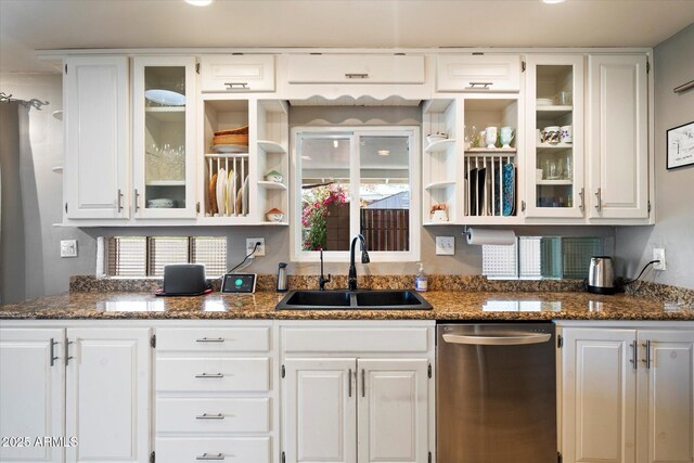 1939 E Solano Dr, Phoenix, AZ 85016 - kitchen featuring a sink, open shelves, white cabinetry, stainless steel dishwasher, and glass insert cabinets