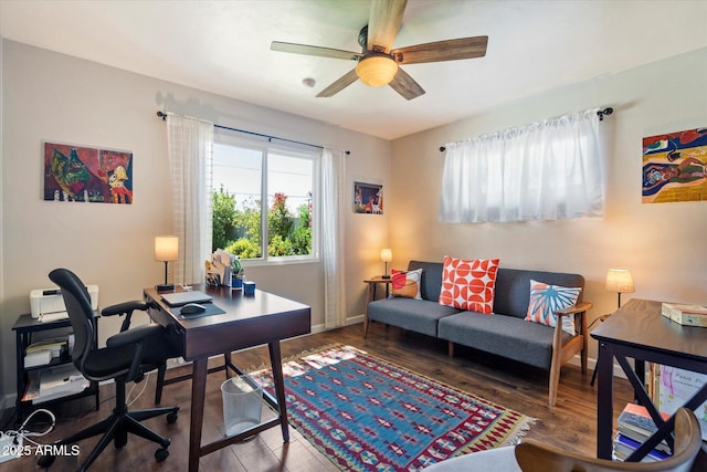 1939 E Solano Dr, Phoenix, AZ 85016 - office area with baseboards, wood finished floors, and a ceiling fan