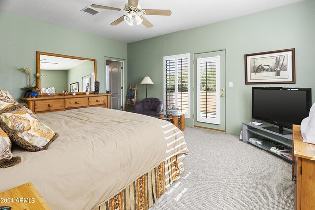 38065 N Cave Creek Rd Unit 4, Cave Creek, AZ 85331 - bedroom with visible vents, a ceiling fan, carpet, and access to outside