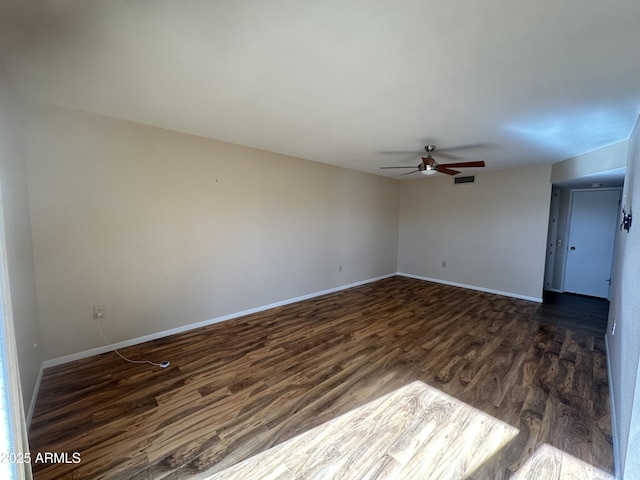 empty room with ceiling fan and dark wood-type flooring