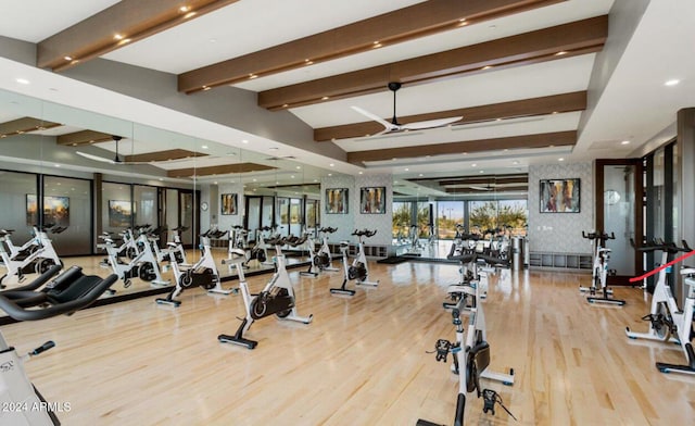 workout area with wood-type flooring and ceiling fan