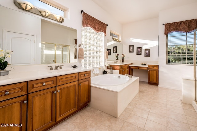 bathroom featuring tile patterned flooring, vanity, and independent shower and bath