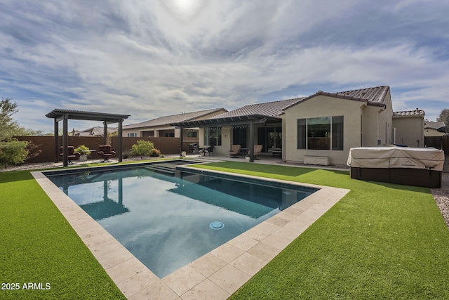 view of pool with a patio, a yard, a fenced backyard, and a pergola