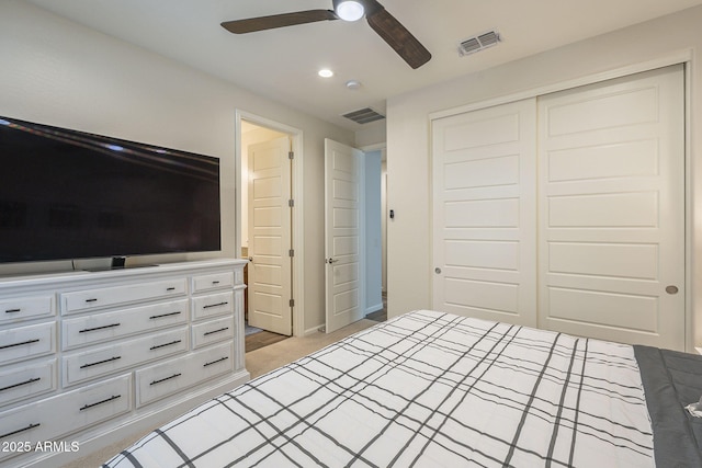 unfurnished bedroom with ceiling fan, visible vents, a closet, and recessed lighting