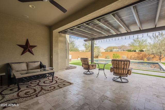 view of patio with ceiling fan, a fenced backyard, a fenced in pool, and a pergola