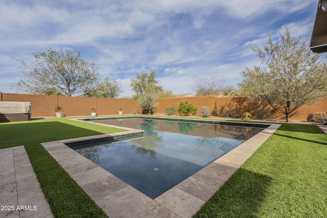 view of swimming pool featuring a fenced backyard, a fenced in pool, and a yard